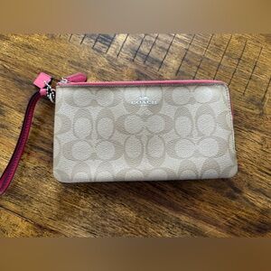 Coach Tan Signature Zip Wristlet with Pink Trim